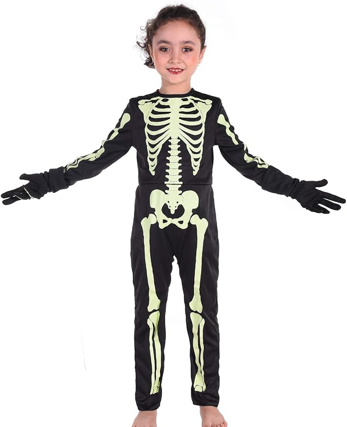 Kids Halloween Skeleton Costumes Glow in The Dark with Gloves for