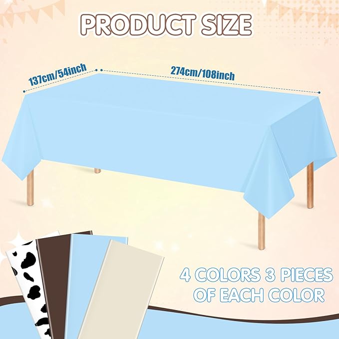 12 Pack Cowboy Baby Shower Plastic Tablecloth for Rectangle Tables