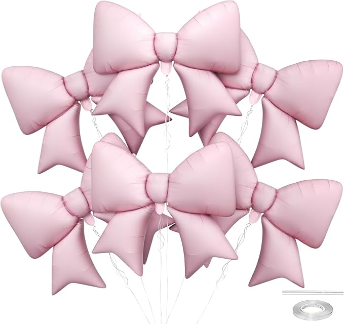 Biapian 6 Pcs Pink Bow Balloons, 38 Inch Giant Bow Foil Balloons,