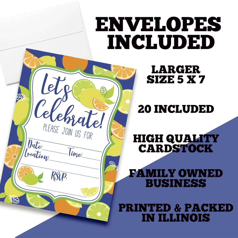 Amanda Creation Citrus Themed Summer Party Invitations, 20 5x7 Fill-In