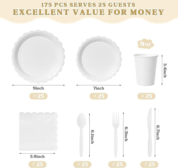 Vyntra 175 Pcs White Disposable Paper Plates and Napkins Set for 25,