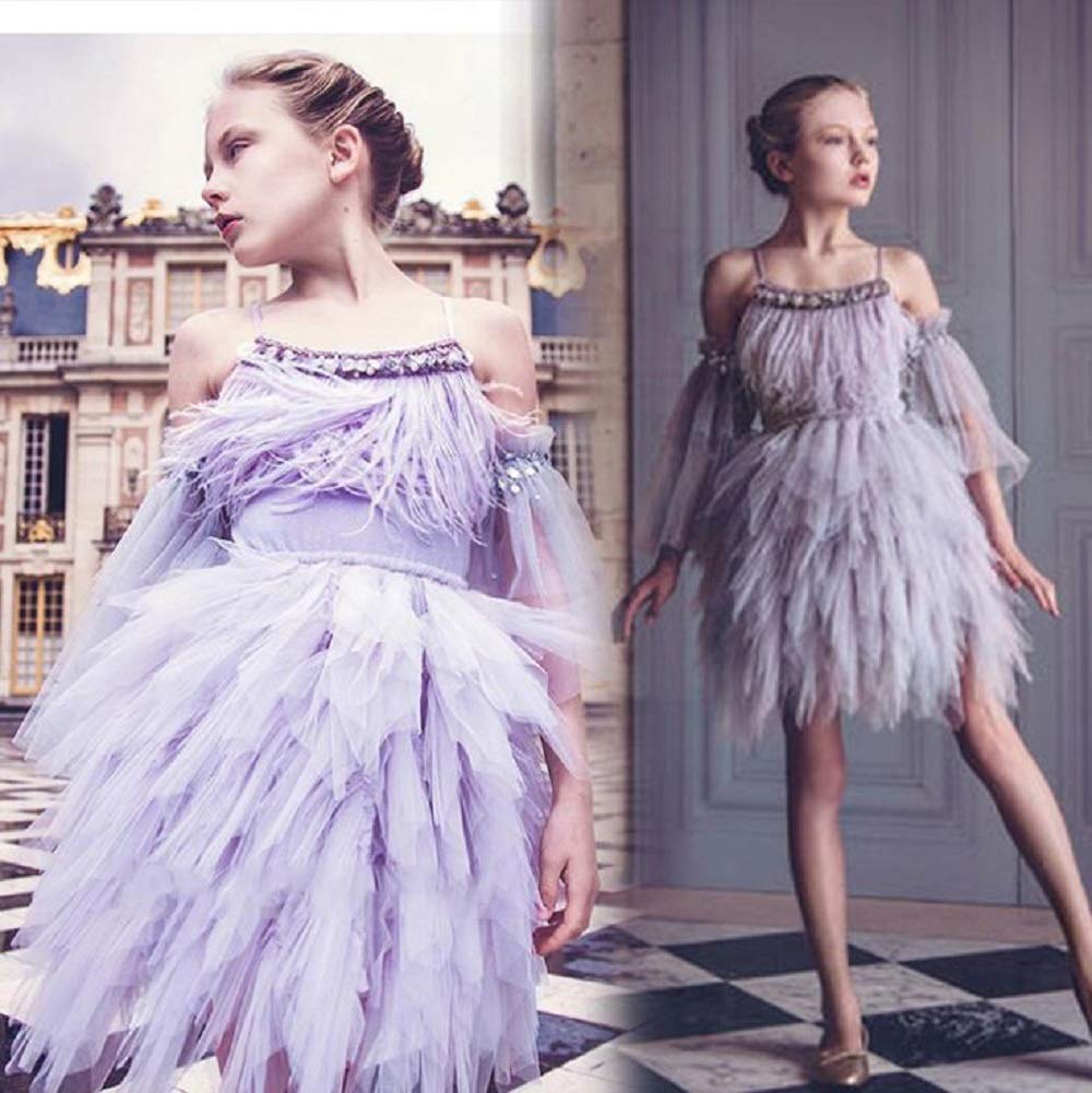 Kids Girls Spaghetti Strap Lace Feather Fringes Tutu Tulle Swan