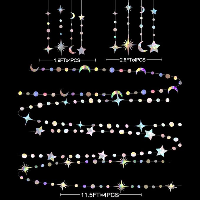 Iridescent Star Moon Circle Dot Garland Party Decoration Kit Hanging