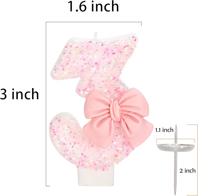 30th Birthday Candles for Cake, Pink Bow Number Cake Candles, 2.76