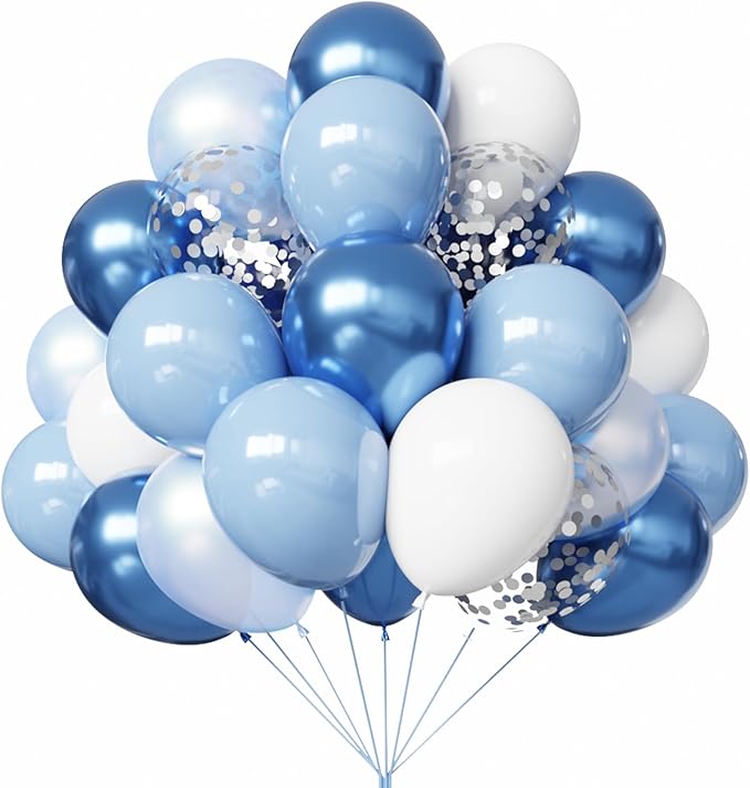 Blue and White Balloons, 67pcs 12 Inch Blue Balloon and White Silver