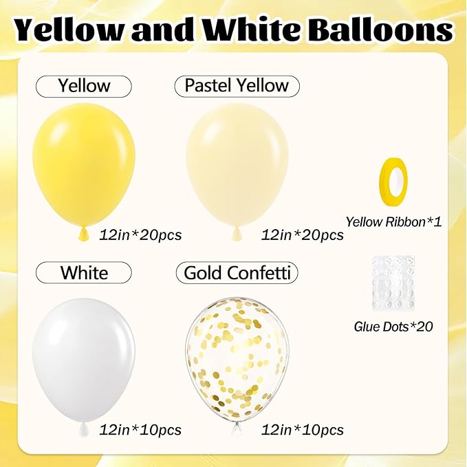60pcs Yellow and White Balloons 12inch with Pastel Yellow White Gold