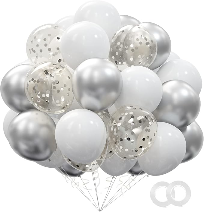 62pcs Party Decorations Balloons Kit - 12 Inches Silver White