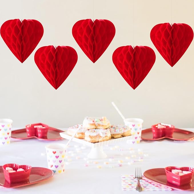 Red Valentines Day Paper Flowers Tissue Pom Poms Hearts Honeycomb