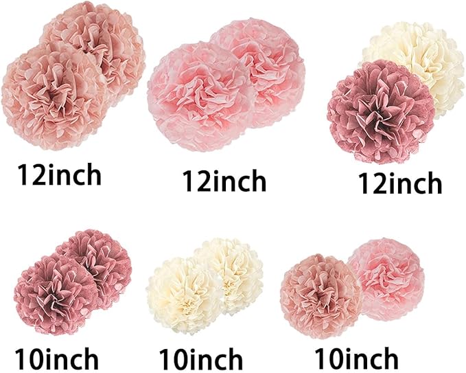 Boho Party Decoration,12pcs Blush Pink, Dusty Rose, Mauve, Cream