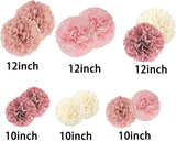 Boho Party Decoration,12pcs Blush Pink, Dusty Rose, Mauve, Cream