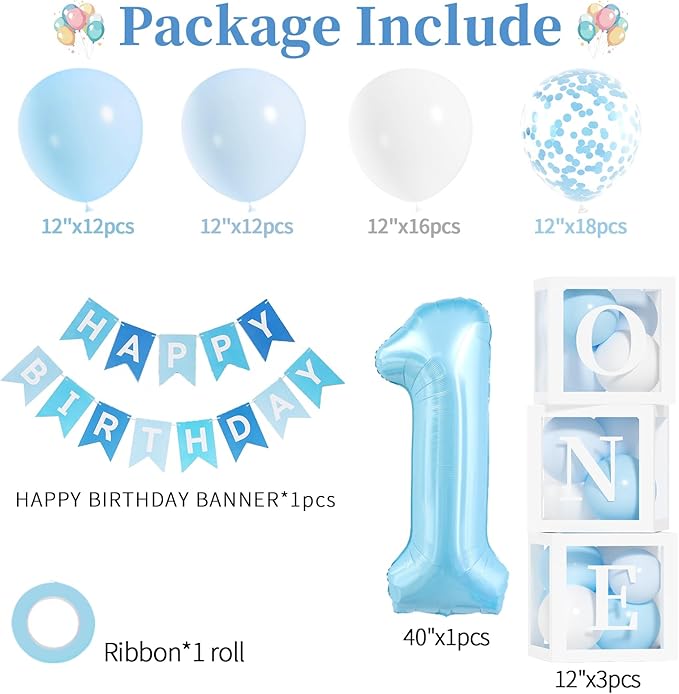 First Birthday Decorations for Boy, 40 Inch Blue Number 1 Balloons,