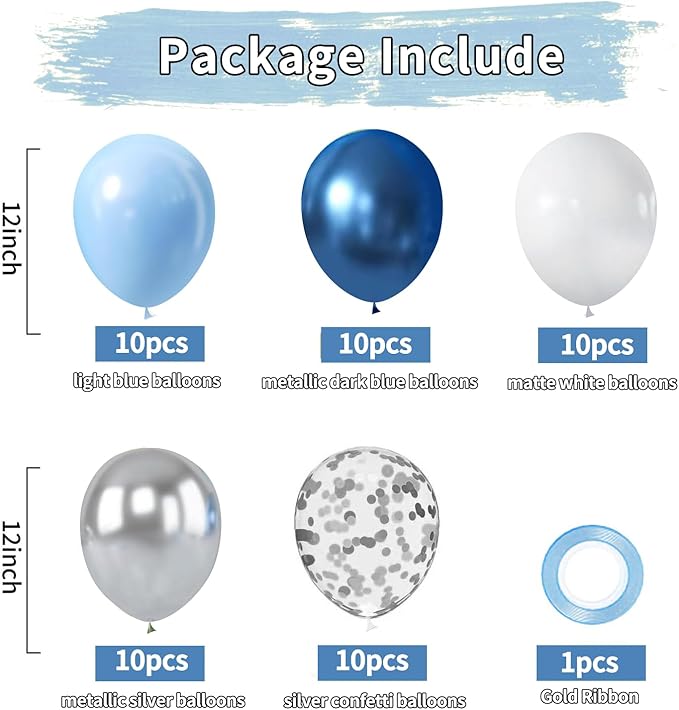 Zesliwy Blue White Silver Balloons Set,50Pcs 12 Inch Metallic Dark