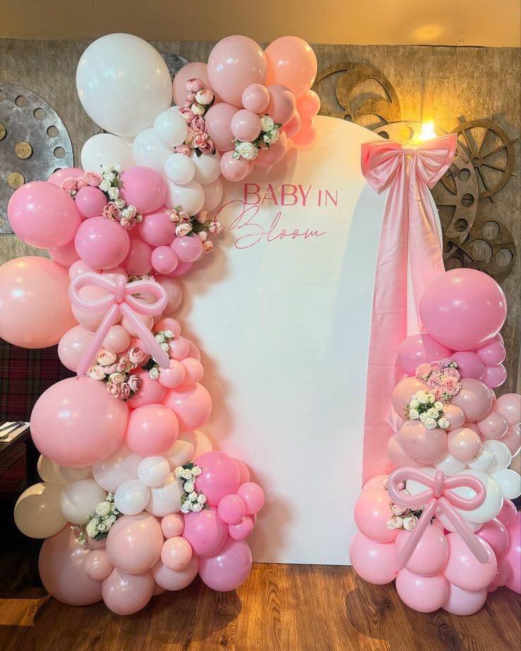 Pink Balloons Arch Kit, 139 Pcs Pink Light Pink White Bow Latex