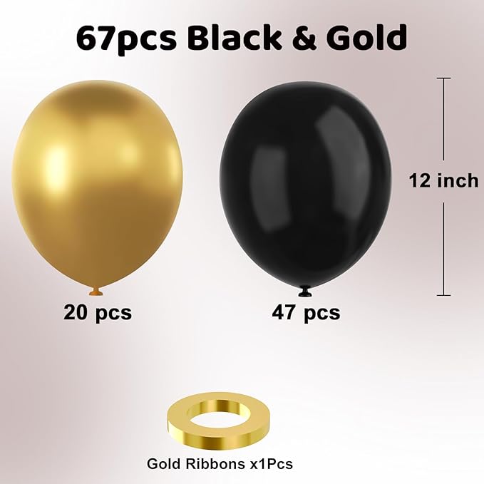 YMSZ Black and Gold Balloons, 67pcs 12 Inch Metallic Gold and Black