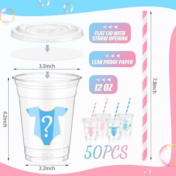50 Pcs Gender Reveal Cups Gender Reveal Party Supplies 12 oz Party