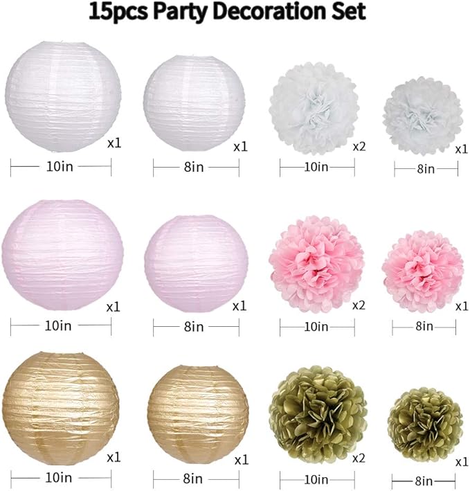 Pink and Gold Party Decorations, Pink Gold Paper Lanterns and Pom
