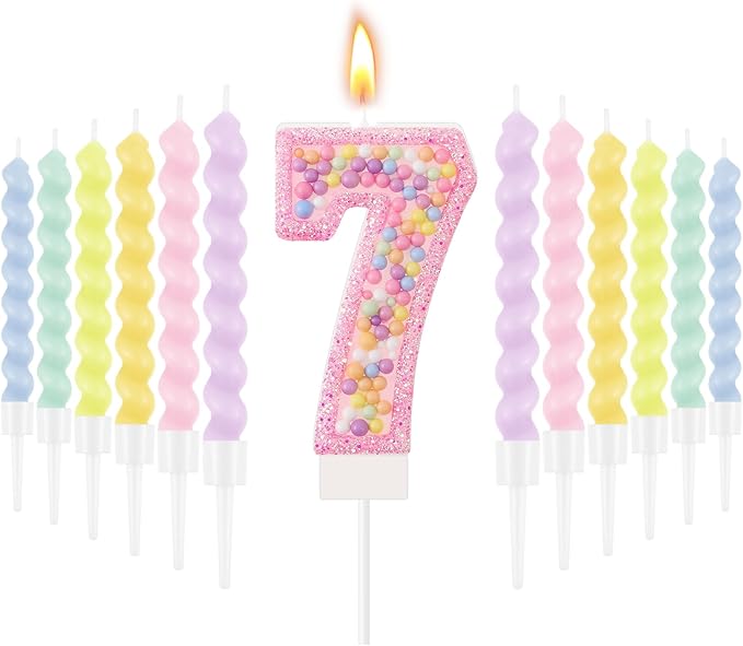 MTLEE Number 7 Birthday Candle with 12 Pcs Spiral Candles for Girls