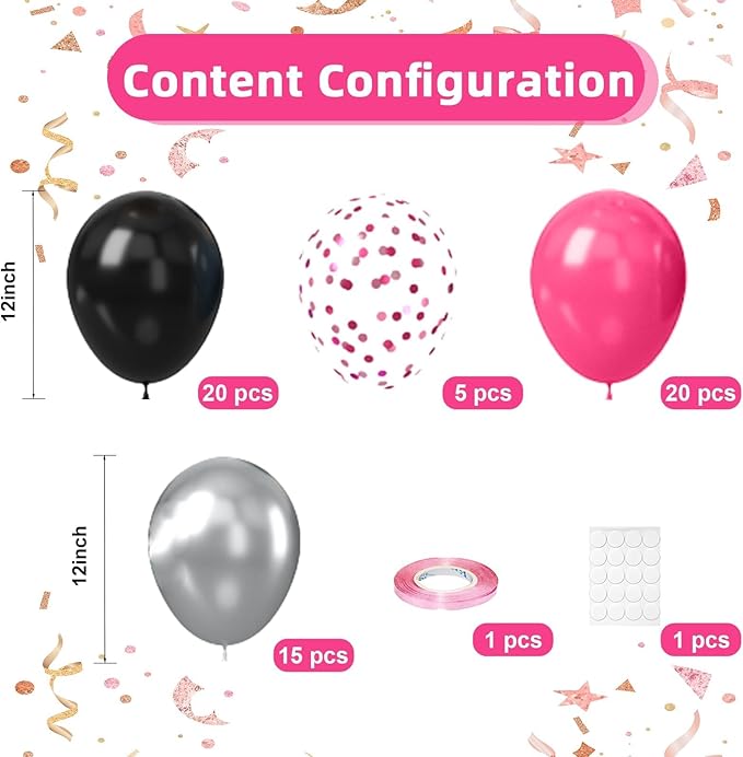 Black and Hot Pink Balloons, 60pcs 12Inch Black and Hot Pink