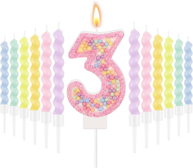 MTLEE Number 3 Birthday Candle with 12 Pcs Spiral Candles for Girls