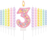 MTLEE Number 3 Birthday Candle with 12 Pcs Spiral Candles for Girls