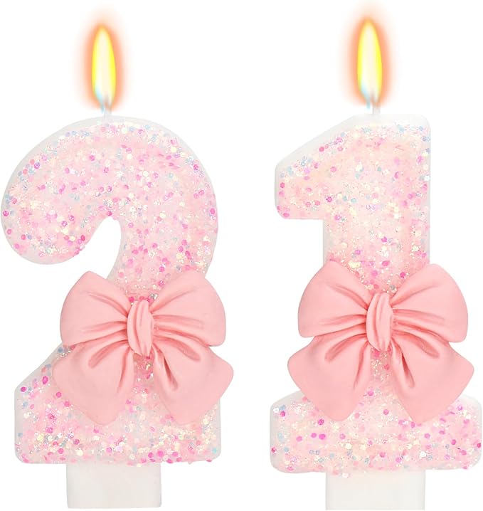 21st Birthday Candles for Cake, Pink Bow Number Cake Candles, 2.76