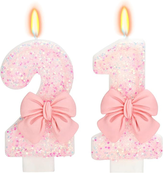 21st Birthday Candles for Cake, Pink Bow Number Cake Candles, 2.76