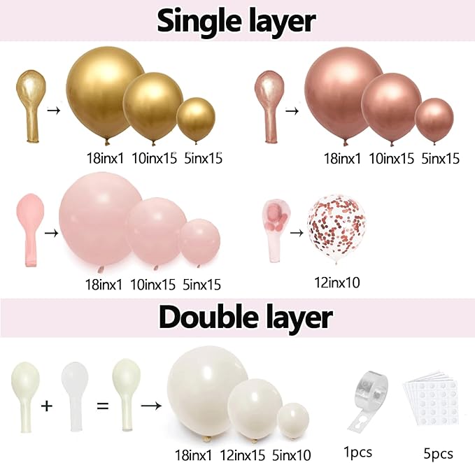 Rose Gold Pink Balloon Arch Kit, Double Stuffed Pearl White Rose Gold