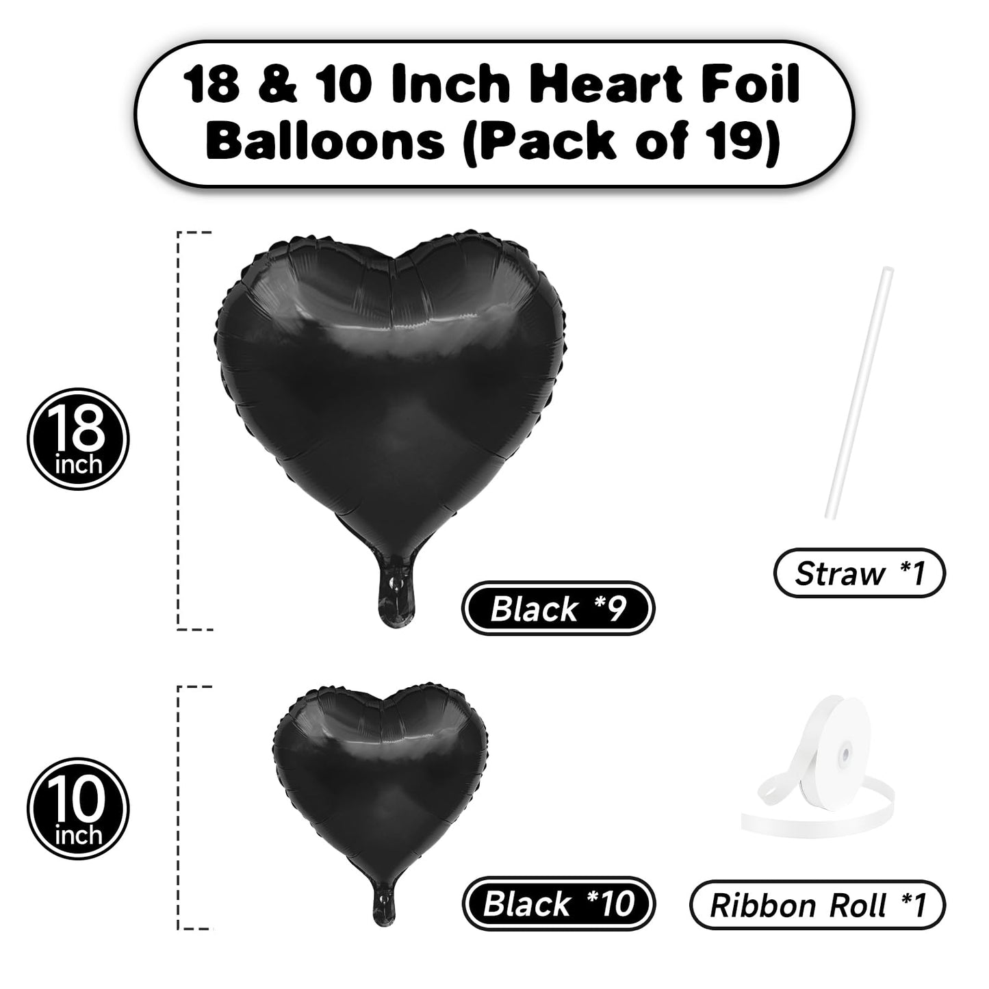 Black Heart Balloons, 19PCS Black Heart Shape Balloons, 18Inch with