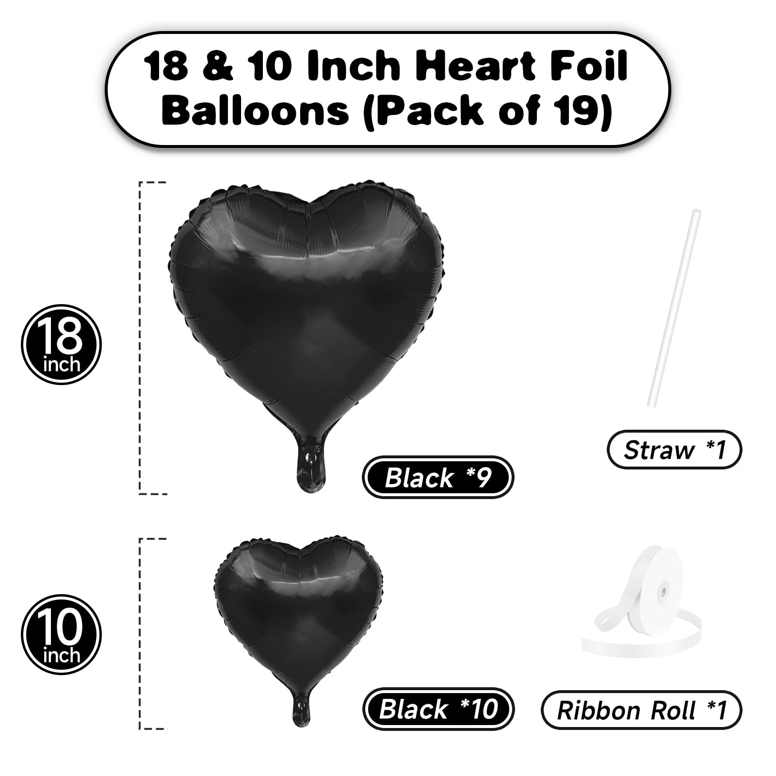 Black Heart Balloons, 19PCS Black Heart Shape Balloons, 18Inch with