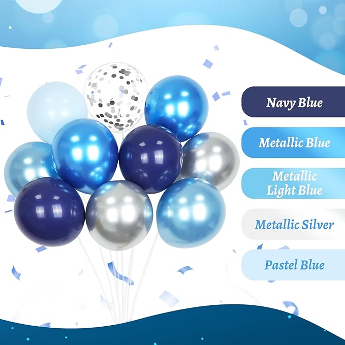 60pcs Blue and Silver Balloons 12inch with Navy Blue Pastel Blue