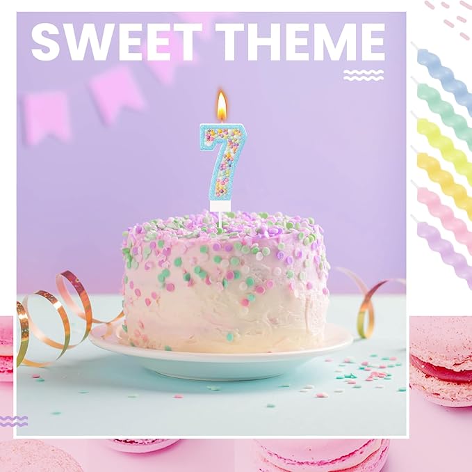 MTLEE Number 7 Birthday Candle Macaron Glitter 3D Number Candle with
