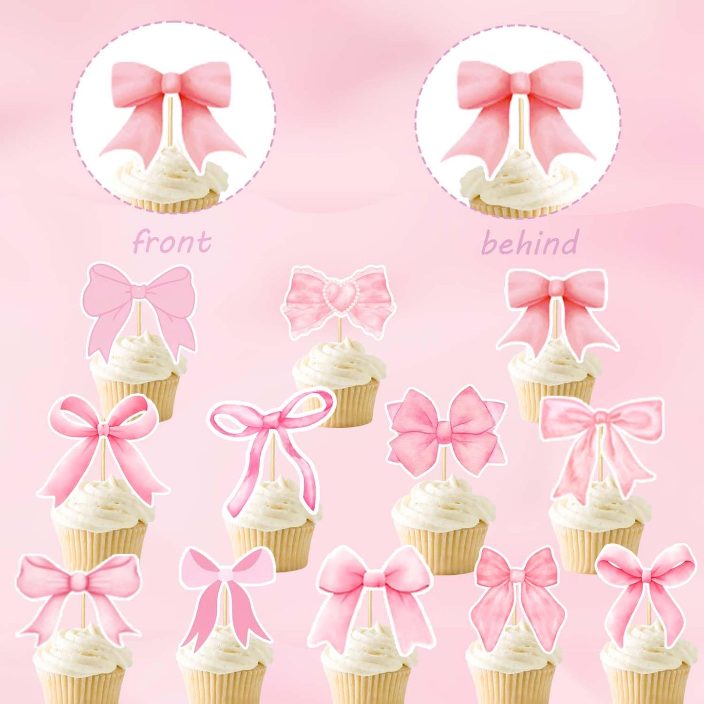 48PCS Coquette Bow Cupcake Toppers, Pink Bow Coquette Birthday Cake