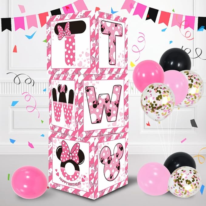 Pink Mouse 2nd Birthday Party Supplies Balloon Box with Letters Pink