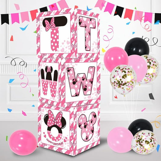Pink Mouse 2nd Birthday Party Supplies Balloon Box with Letters Pink
