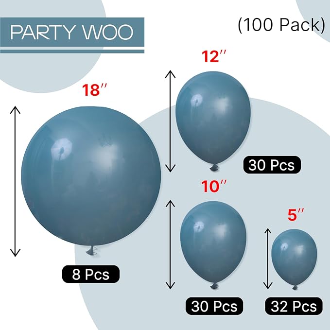 PartyWoo Slate Blue Balloons 100pcs Different Sizes Pack of 18 12 10