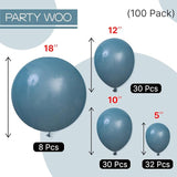 PartyWoo Slate Blue Balloons 100pcs Different Sizes Pack of 18 12 10