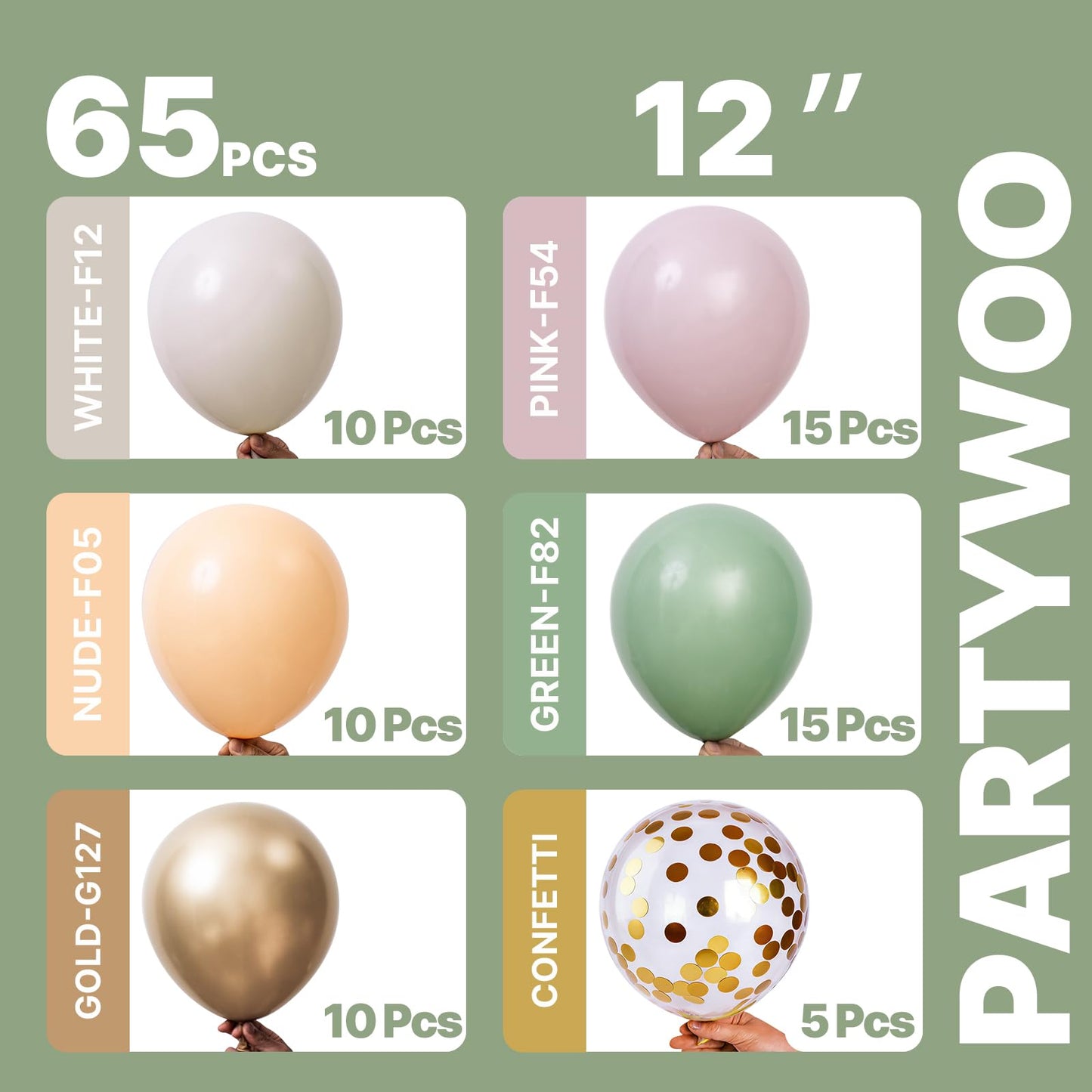 PartyWoo Pink and Green Balloons 65pcs 12 Inch Metallic Gold Sand