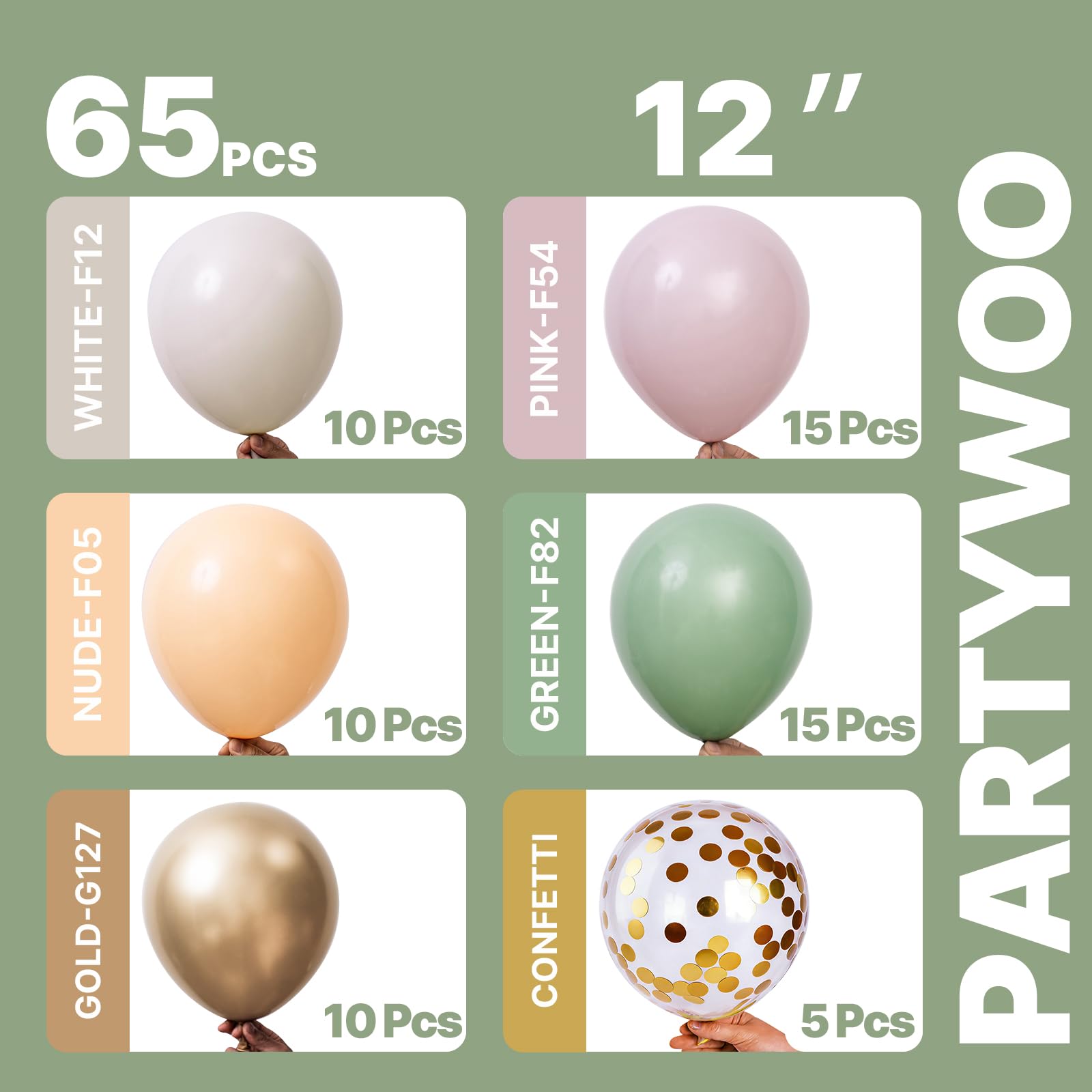 PartyWoo Pink and Green Balloons 65pcs 12 Inch Metallic Gold Sand