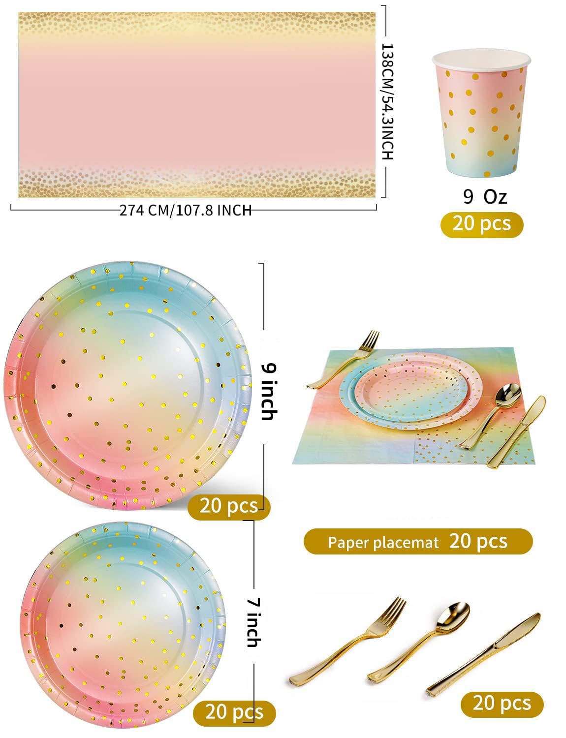 Nkaiso 141 Pieces Rainbow Gold Party Supplies, Party Dinnerware Sets