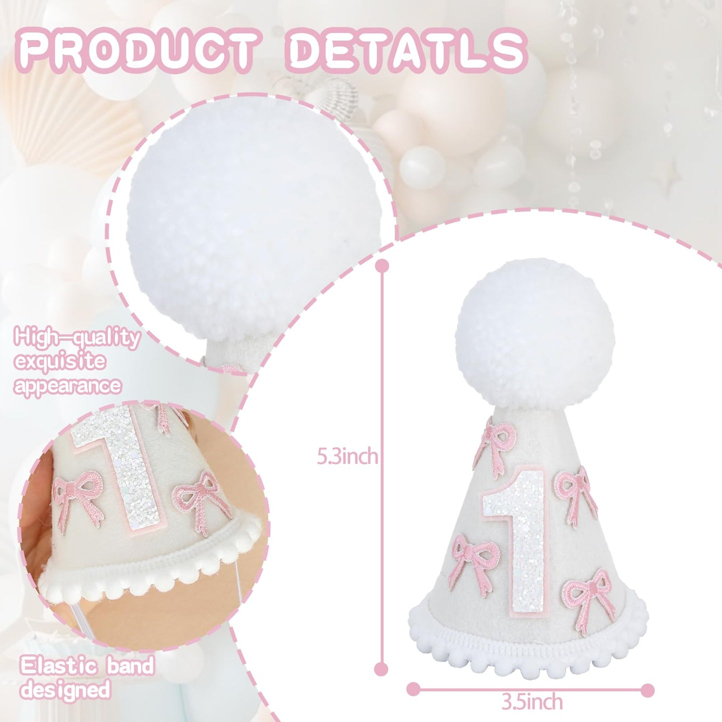 Ereniko White Pink Bow Party Hat First Birthday Hat Girl 1 Birthday