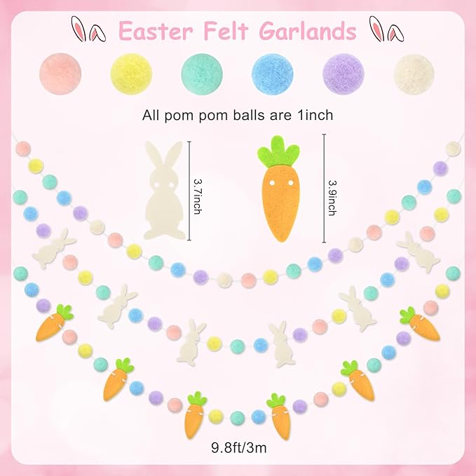 Easter Decorations Bunny Rabbit Banner Pastel Rainbow Pom Pom