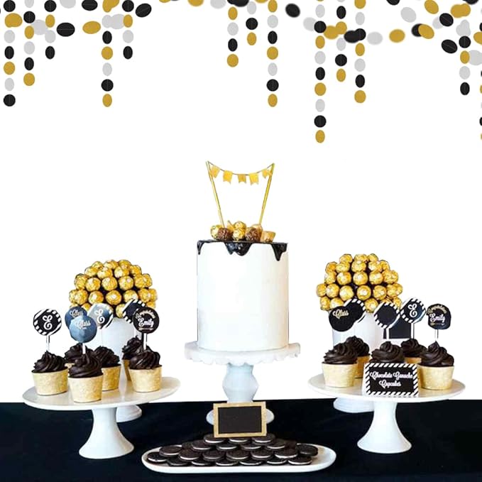 Silver Black Gold Party Decorations - 52Ft Paper Streamers Garland