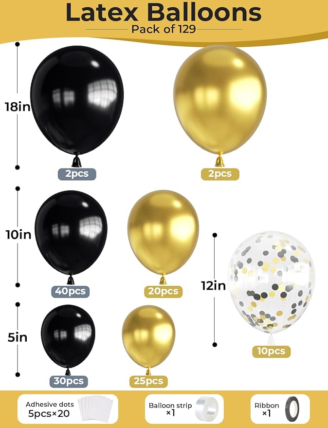 Black and Gold Balloons Arch Garland Kit 129 Pcs 18/12/10/5 In Black