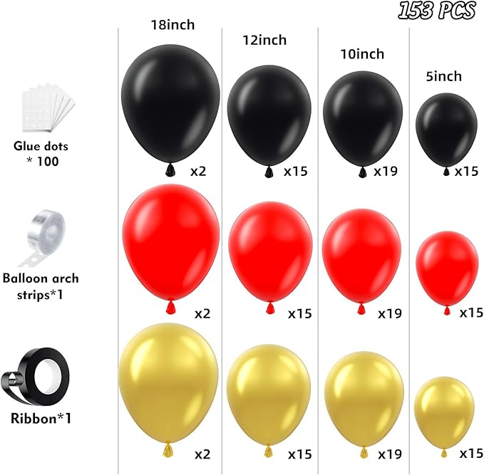 153Pcs Red and Black Gold Balloons Garland Arch Kit 18 12 10 5 inch