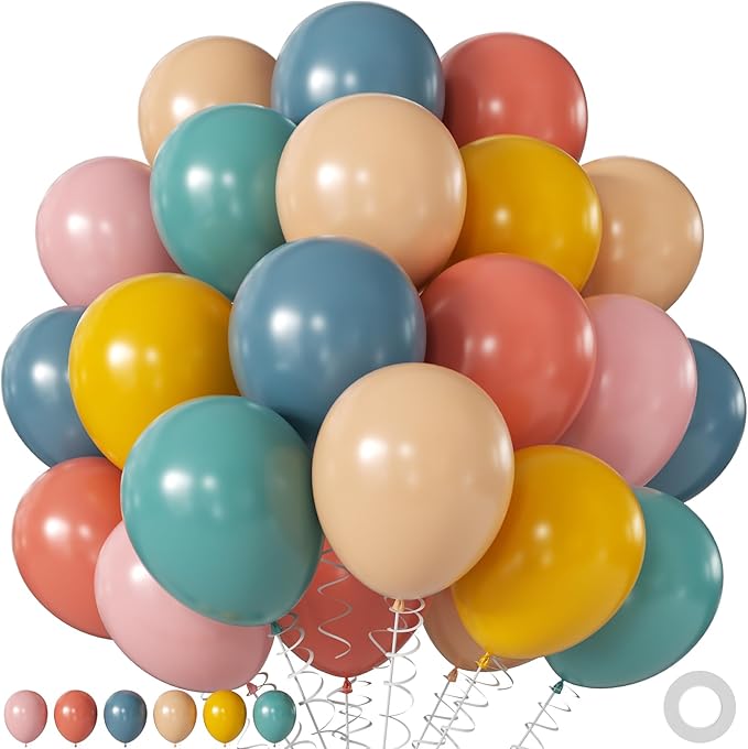 Retro Blue Pink Yellow Balloons, 60Pcs 12Inch Dusty Blue Pink Mustard