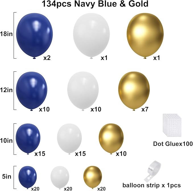 Blue and Gold Balloons Arch Garland Kit, 134pcs Navy Blue Gold White