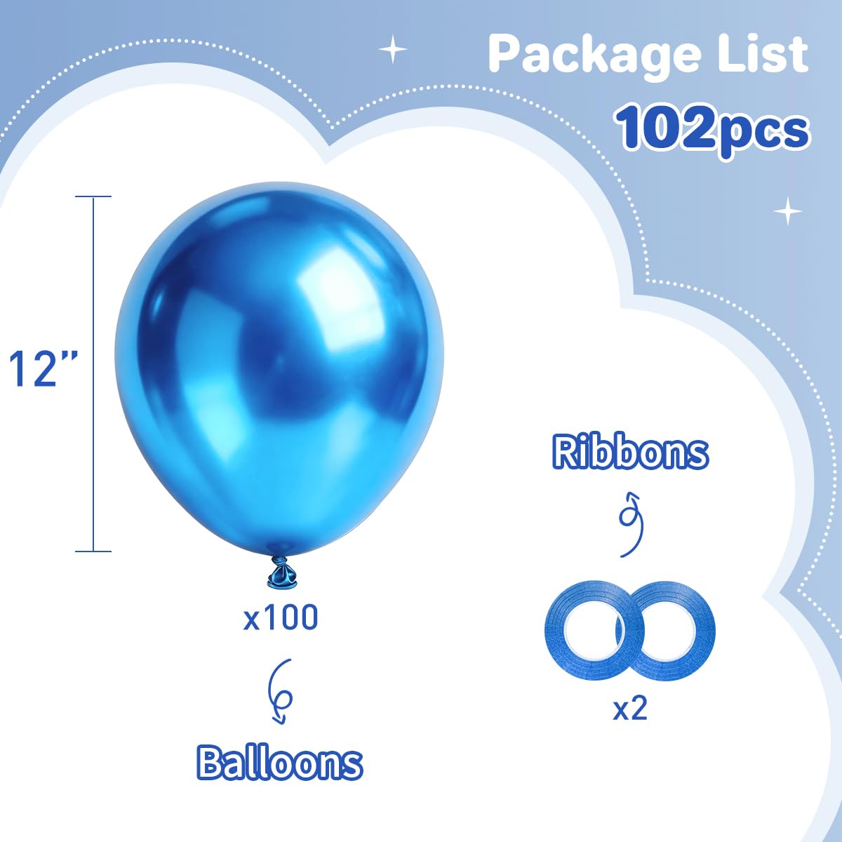 Chrome Metallic Blue Balloons 12 inch, 100 Pcs Latex Shiny Balloons