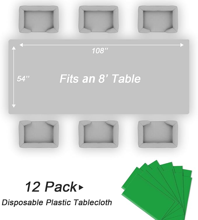 QIKSION Green Plastic Table Cloth Disposable 12 Pack, 54 x 108 Inch