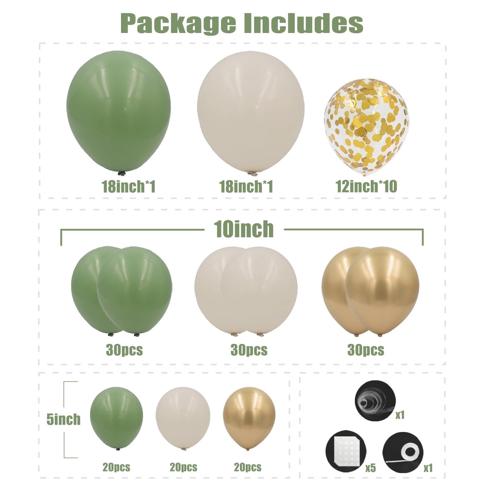 Sage Green Balloon Arch Kit, 162pcs Sage Green Sand White Gold