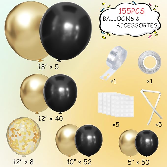 155Pcs Black and Gold Balloon Garland Arch Kit with Gold Confetti